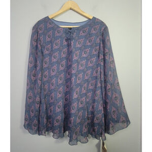 NWT VTG Lapis Womens 3X Silk Blouse Floral Long Sleeve Sheer Boho